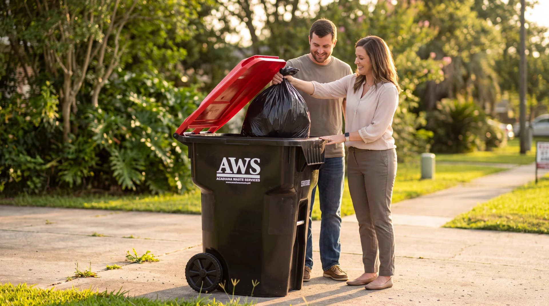 Two AWS team members placing a trash bag into an AWS-branded cart at a Louisiana home during golden hour