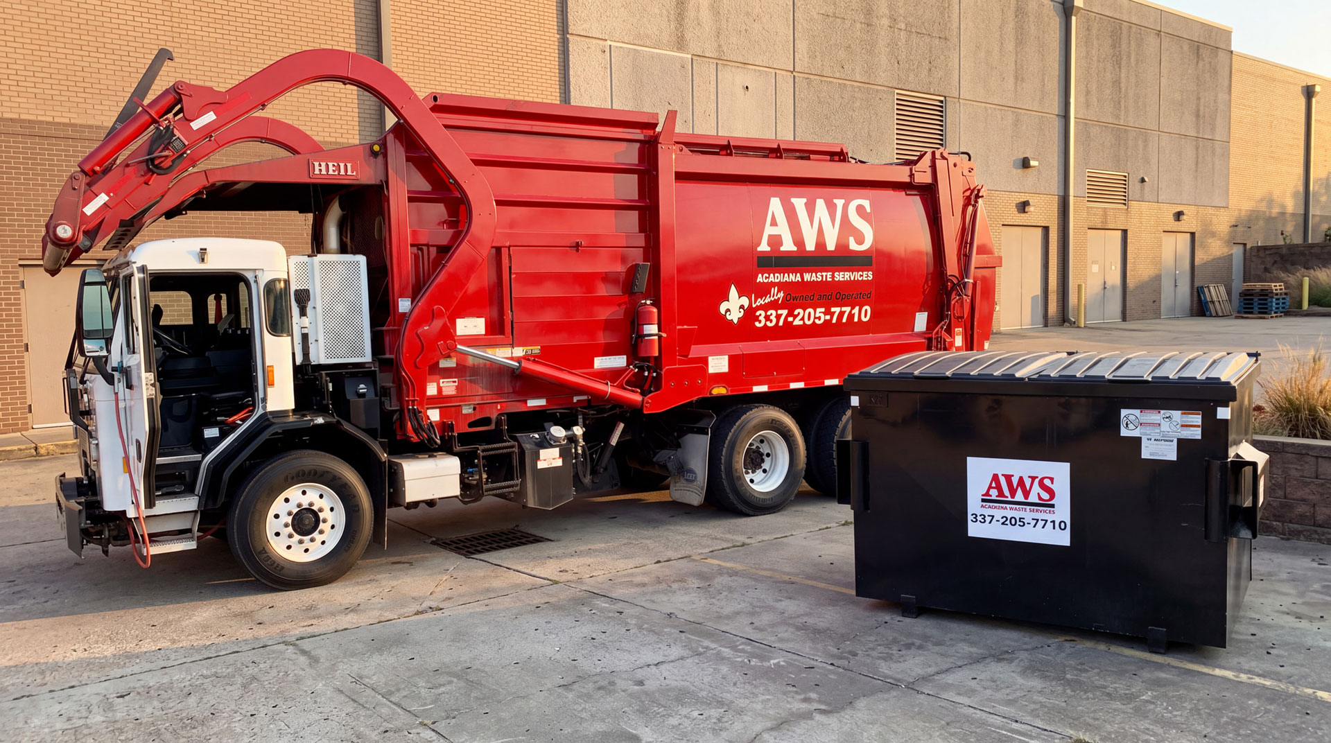 AWS commercial front-load garbage truck and commercial dumpster