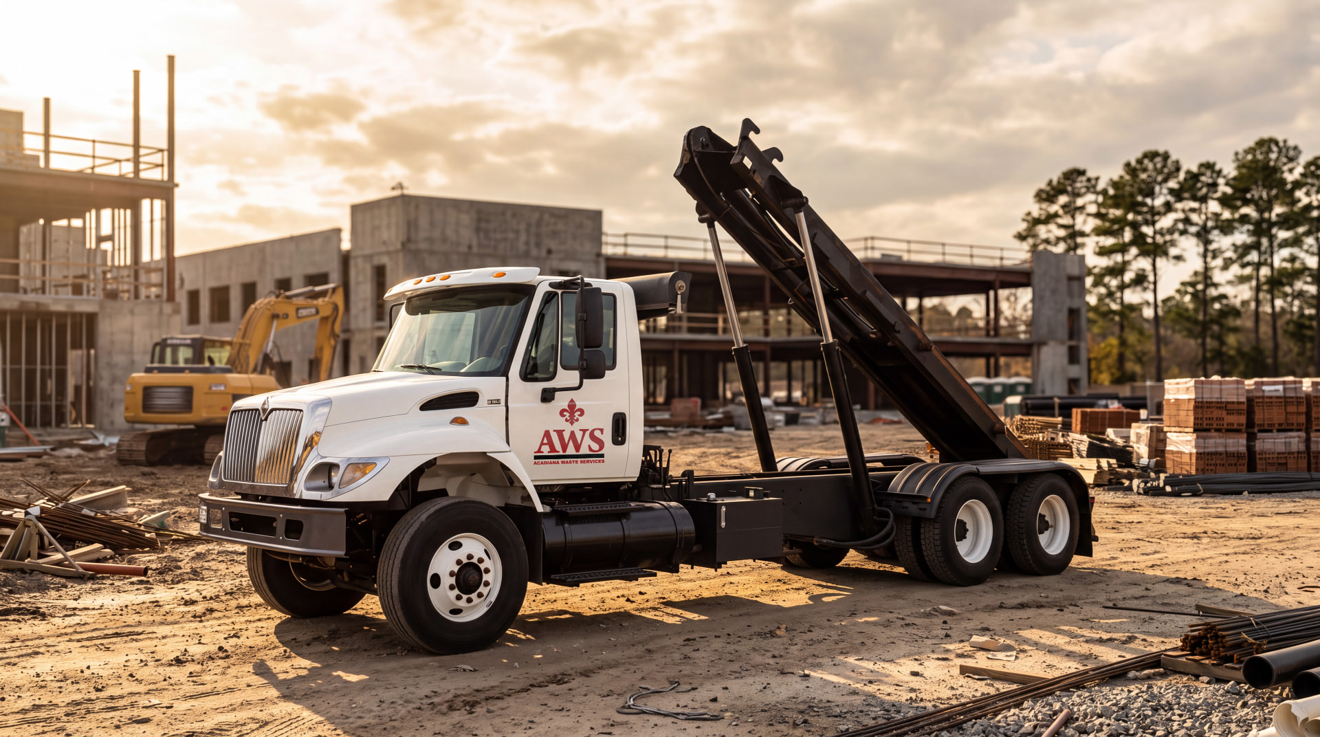 White AWS International roll-off truck at a Louisiana construction site