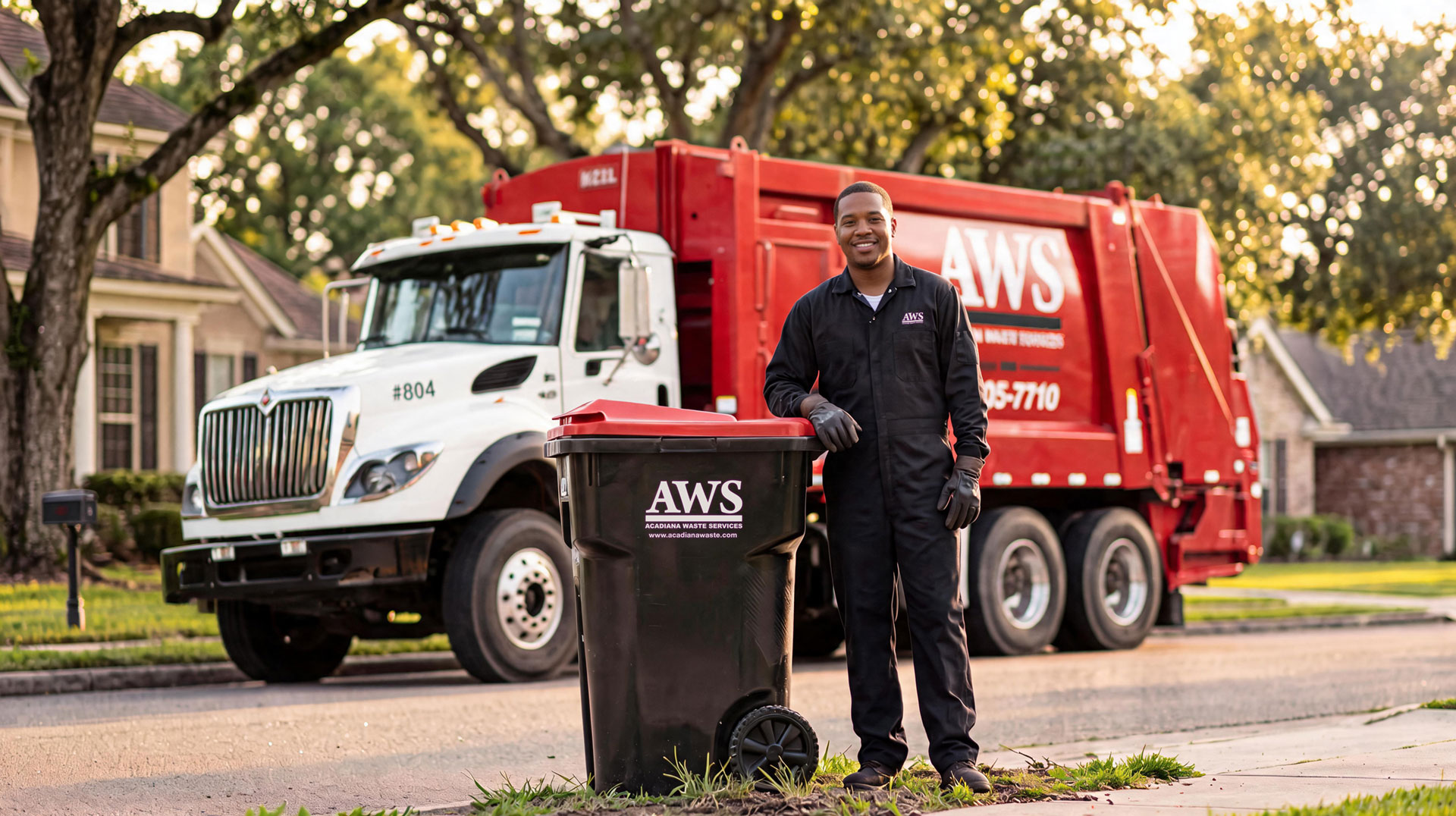 AWS team member leaning on an AWS rolling cart beside an International truck number 804 on a Louisiana street