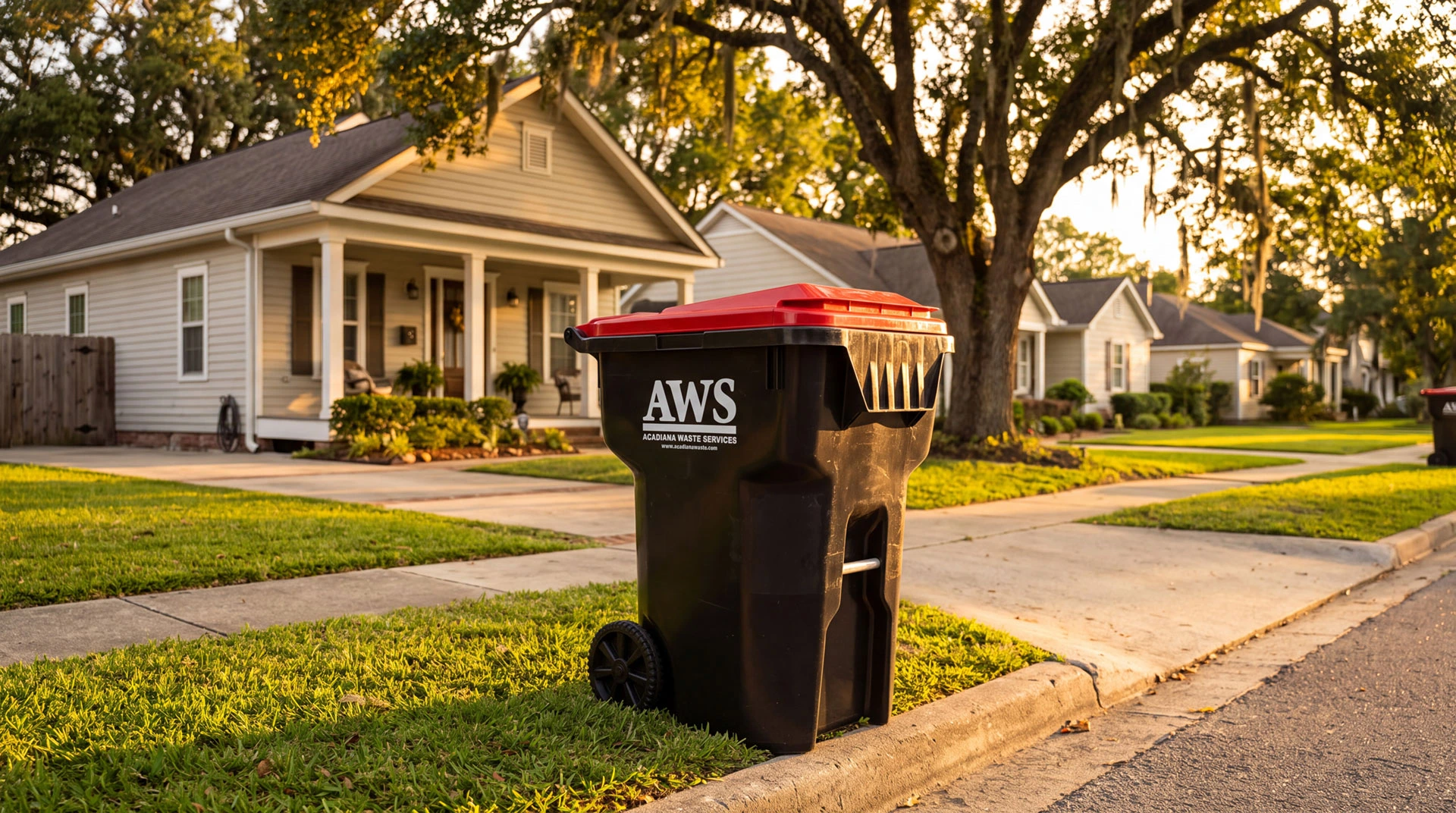 Black AWS rolling cart with red lid at the curb on a sunlit Acadiana street during golden hour